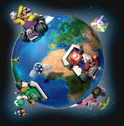 Various characters racing across Earth. This artwork was made for Mario Kart DS, and it refers to the worldwide Nintendo WiFi Connection.