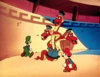 Mario and Luigi run circles around Tryclydius' three heads in an attempt to confuse him.