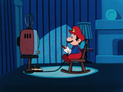 An image of Mario playing a game in an anime move, The Great Mission to Save Princess Peach.