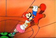 Mario, Princess Toadstool, Toad and Luigi, hanging for their lives inside the Intergalactic InSinkErator.