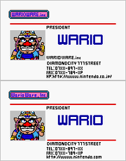 Wario's staff card in the Japanese (top) and western versions (bottom) of the first WarioWare game, showing the western name of his company in both cases.