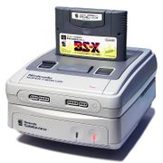 The Satellaview, BS-X BIOs cart and 8M Memory Pack connected to a Super Famicom.