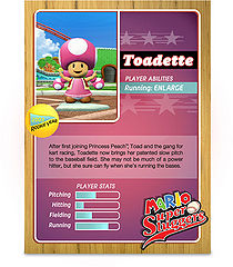Toadette's official profile card from Mario Super Sluggers (back).