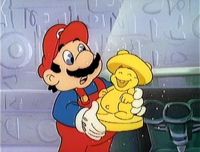 Mario, holding the newly-discovered Lost Mushroom.