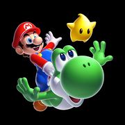 Mario, Yoshi, and a Luma.