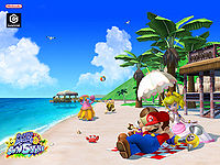 Mario, Peach, F.L.U.D.D, and Toadsworth enjoying the sunshine at Gelato Beach.