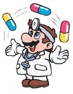 Dr. Mario juggling three Megavitamins.