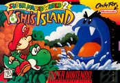 An image of the game cover, Super Mario World 2: Yoshi's Island that can be  played on the Super Nintendo Entertainment System.