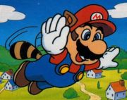 Raccoon Mario flying above Mushroom Kingdom.