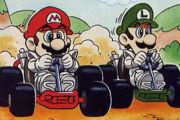 Mario and Luigi driving karts in the comic "Die Jagd nach dem Nintendo 64."