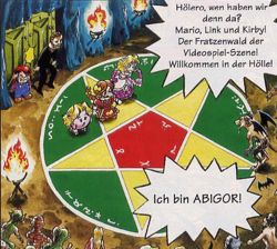 Kirby, Mario and Link meeting Abigor and his allies in Infernum.