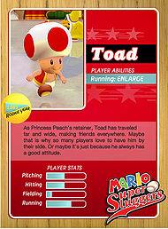 Toad's official profile card from Mario Super Sluggers (back).