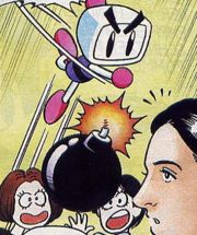 Bomberman throwing bombs at Nicole, Pia and Balu.