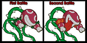 The two battle forms of Lava Piranha, how he is before he becomes firey, and how he is afterward in the second battle. Note that Sushie's splash moves will put the flames out.