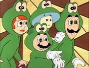 Frog Mario, Frog Luigi, Frog Toadstool and Frog Toad in The Adventures of Super Mario Bros. 3.