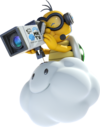 Lakitu as he appears in Mario Kart 7 as the referee and filming for Mario Kart TV in Mario Kart 8.