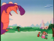 Luigi, Peach, and, Mario humans, and Yoshi, a dinosaur about to be eaten by a T-Rex, another type of dinosaur.