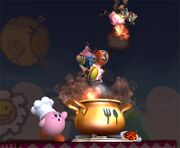 Kirby, preparing to cook many things including items and characters.