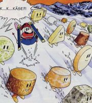 All the skiers except for Mario suddenly turn into cheese.