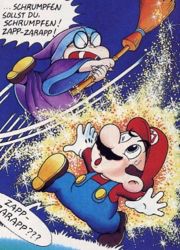 Kamek trying to shrink Mario.