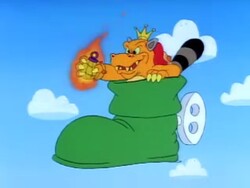 Bowser, taking advantage of the Power Pendant to grant himself Raccoon Power, Fire Power and a Karoobi's Shoe simultaneously.