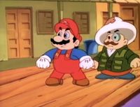 Mario attempts to wrestle with one of the vicious crocodiles.