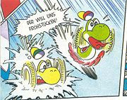 A Orange and Yellow Yoshi swimming for there lives from a shark (which turns out to be a Black Yoshi).