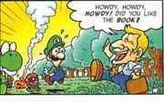 Friendly Floyd, greeting Yoshi, Luigi and Toad.