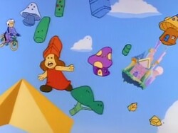 Due to the effects of the Raiser Upper, people, scenery, and even entire buildings wind up floating around aimlessly in Sky Land.