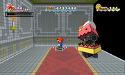 A SurpriseMeow attacks, while Mario already got a Meowbomb and is ready to throw it at the SurpriseMeow.