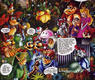 The last panel of "Freeze Frame," depicting many of the Super Mario standard and cross-over characters appearing in N-Gang.