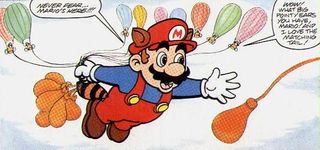 Raccoon Mario rescues the hot-air ballonists.
