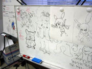 Concept art of several WarioWare characters at a board.