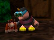 Goggles, holding her Donkey Kong toy.