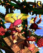 Diddy and Dixie Kong rushing past Screech.
