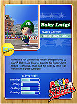 Baby Luigi's official profile card from Mario Super Sluggers (back).