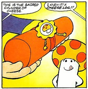 An excited King Toadstool arms a less excited Mario with the Sacred Cylinder of Cheese.