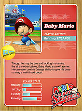 Baby Mario's official profile card from Mario Super Sluggers (back).