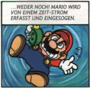 Mario getting sucked into a time slip via a magic clock.