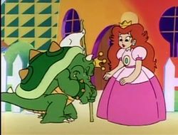 Bowser surrenders to Princess Toadstool.