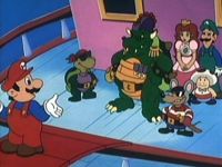 Mario, being forced to walk the plank of the Sinister Star by Captain Koopa and First Mate Mouser.