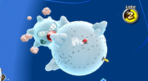 Mario fighting an enraged Sorbetti in the Freezy Flake Galaxy.