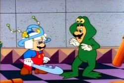 Mario, under the control of Kooky and Bowser, attempts to attack Luigi with his wrench.