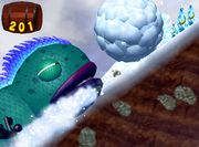 Iguanagon chasing Donkey Kong and Hoofer up a snowy mountain.