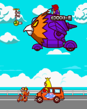 4.1 and 4.2 shooting soccer balls from their spherical vehicle against the bird-like machine of the Dinosaurs who kidnapped Art.