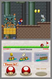 A Beta image of a Super Thwomp smashing through the Brick Blocks.
