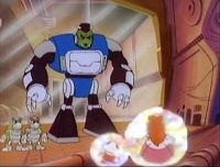 Robo Koopa, with Toad and Princess Toadstool trapped inside his force fields.