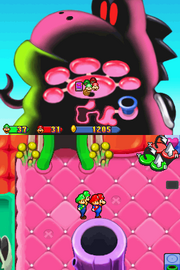 Mario, Luigi and their baby selves inside Yoob's Belly.