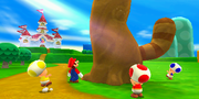 Peach's castle in Super Mario 3D Land, from the inside and outside respectively.