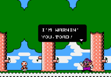 Toad encountering a regular sized Wario in a cutscene of the NES version.